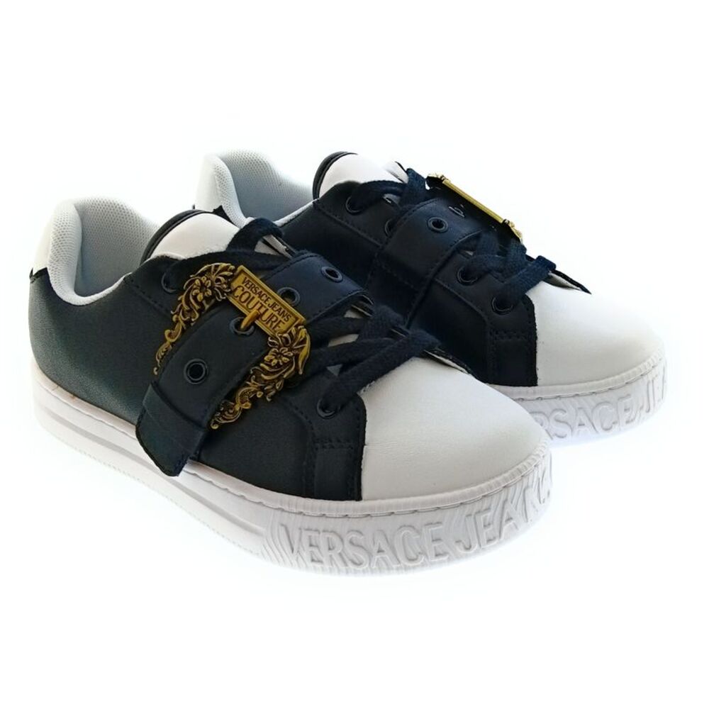 Versace Jeans Couture Women's Black and White Sneakers with Gold Buckle